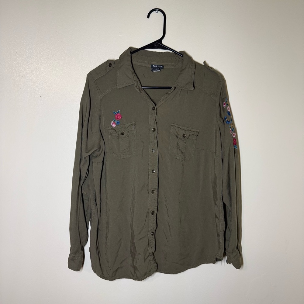 Torrid Olive Button Down Shirt with Floral Details